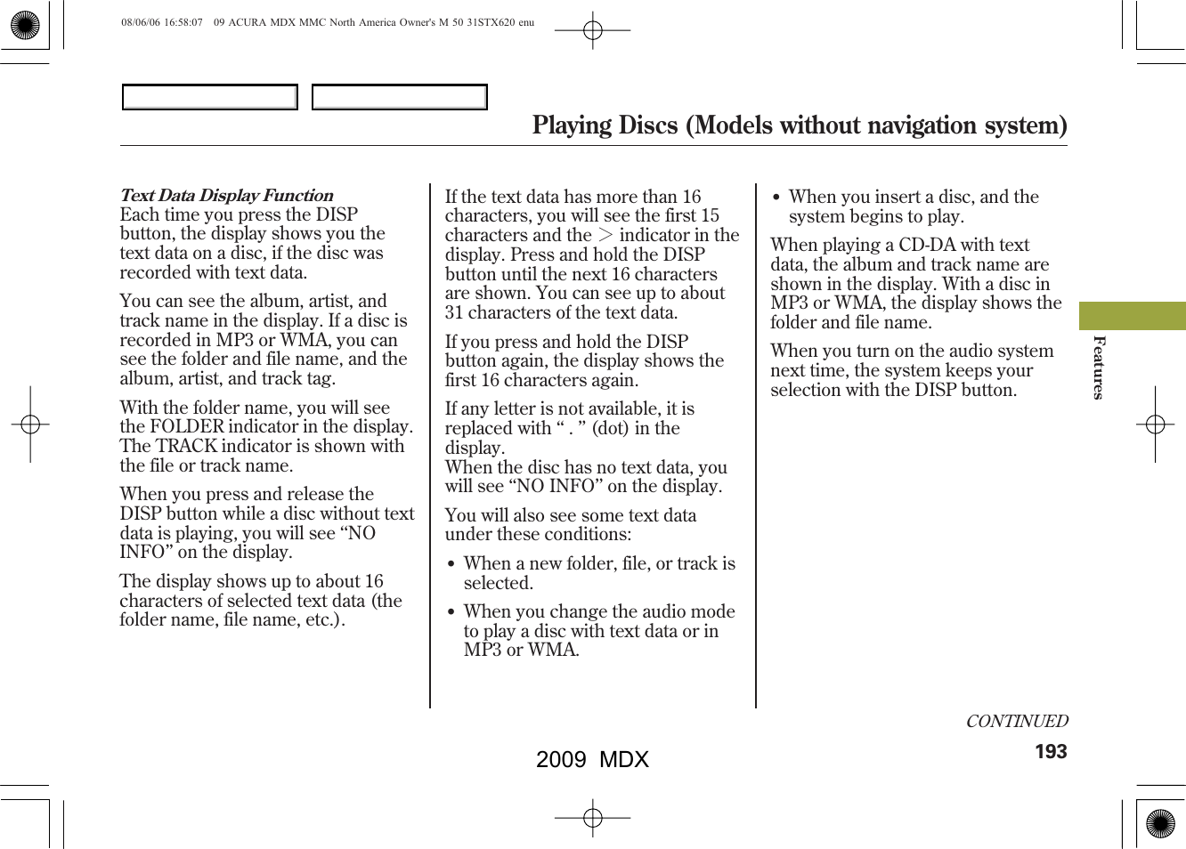 Playing discs (models without navigation system), 2009 mdx | Acura 2009 MDX User Manual | Page 197 / 489