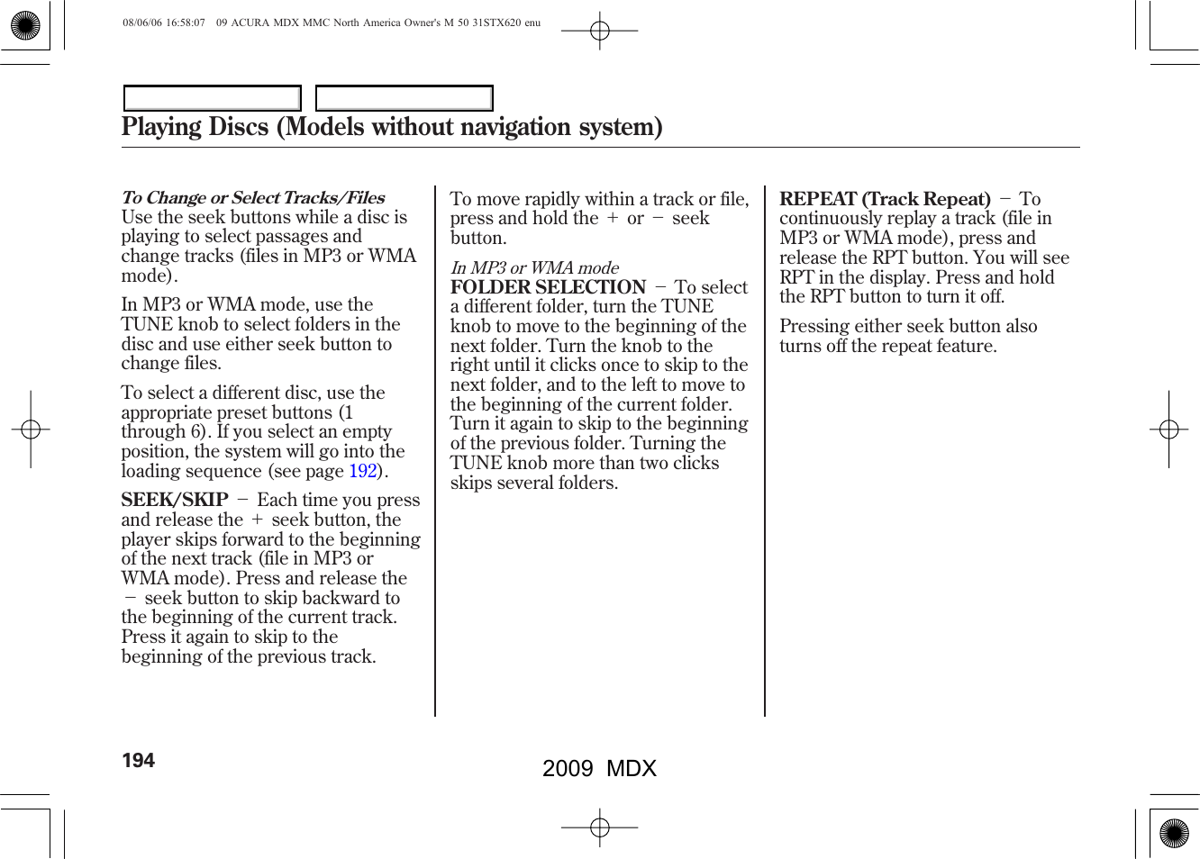 Playing discs (models without navigation system), 2009 mdx | Acura 2009 MDX User Manual | Page 198 / 489