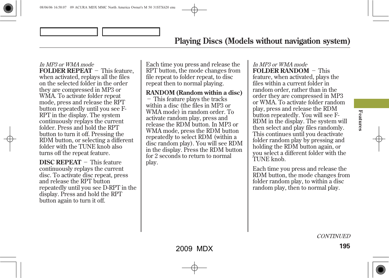 Playing discs (models without navigation system), 2009 mdx | Acura 2009 MDX User Manual | Page 199 / 489