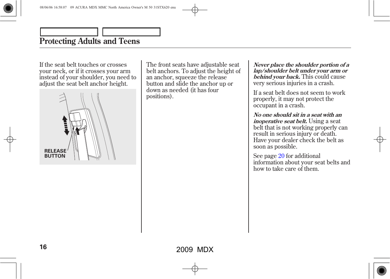 Protecting adults and teens, 2009 mdx | Acura 2009 MDX User Manual | Page 20 / 489