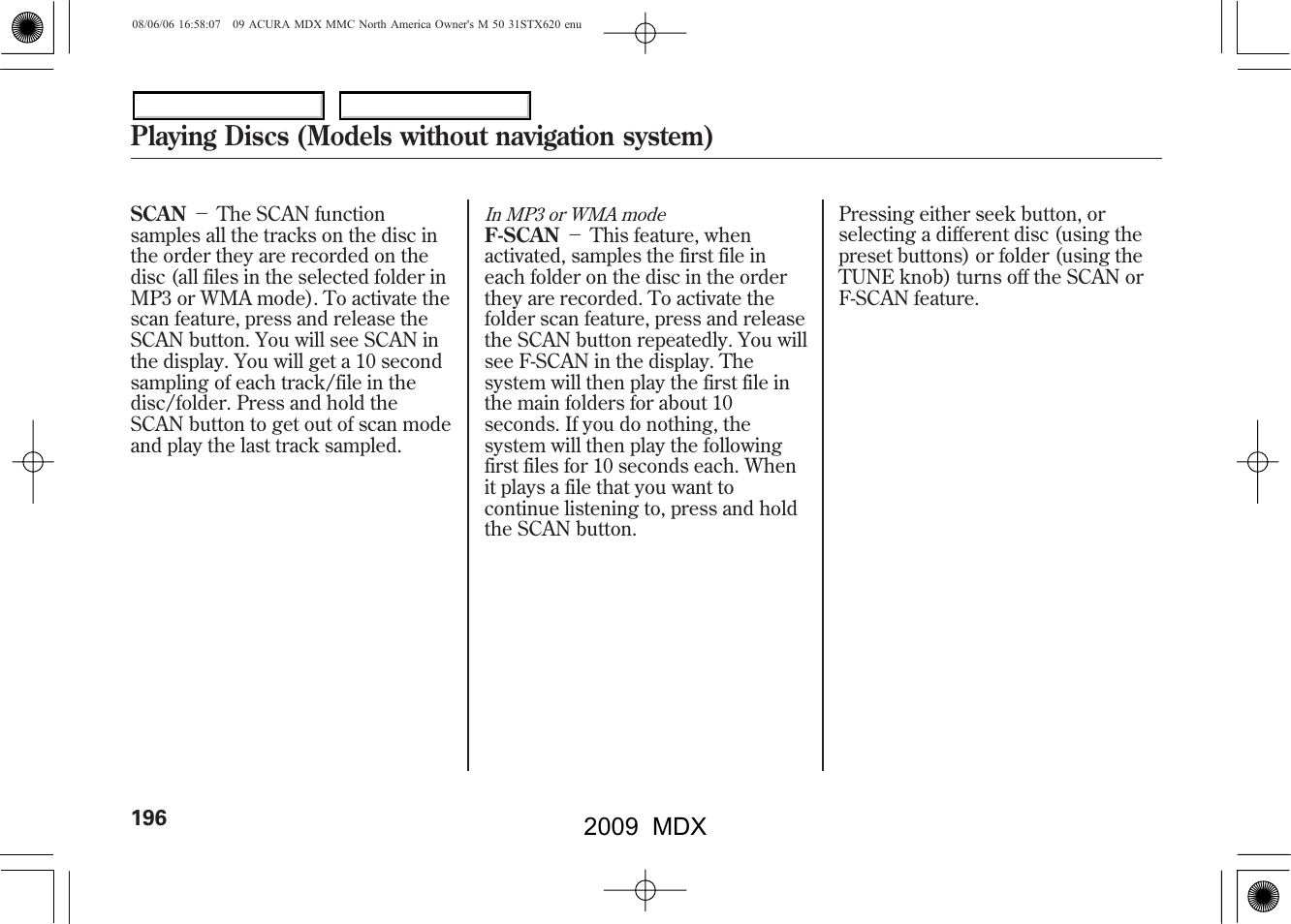 Playing discs (models without navigation system), 2009 mdx | Acura 2009 MDX User Manual | Page 200 / 489