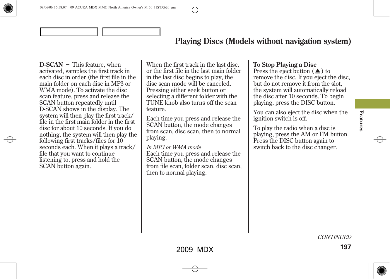 Playing discs (models without navigation system), 2009 mdx | Acura 2009 MDX User Manual | Page 201 / 489