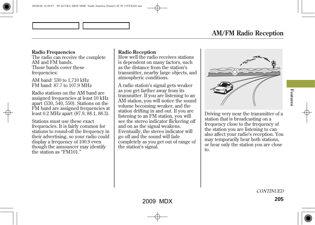 Am/fm radio reception, 2009 mdx | Acura 2009 MDX User Manual | Page 209 / 489