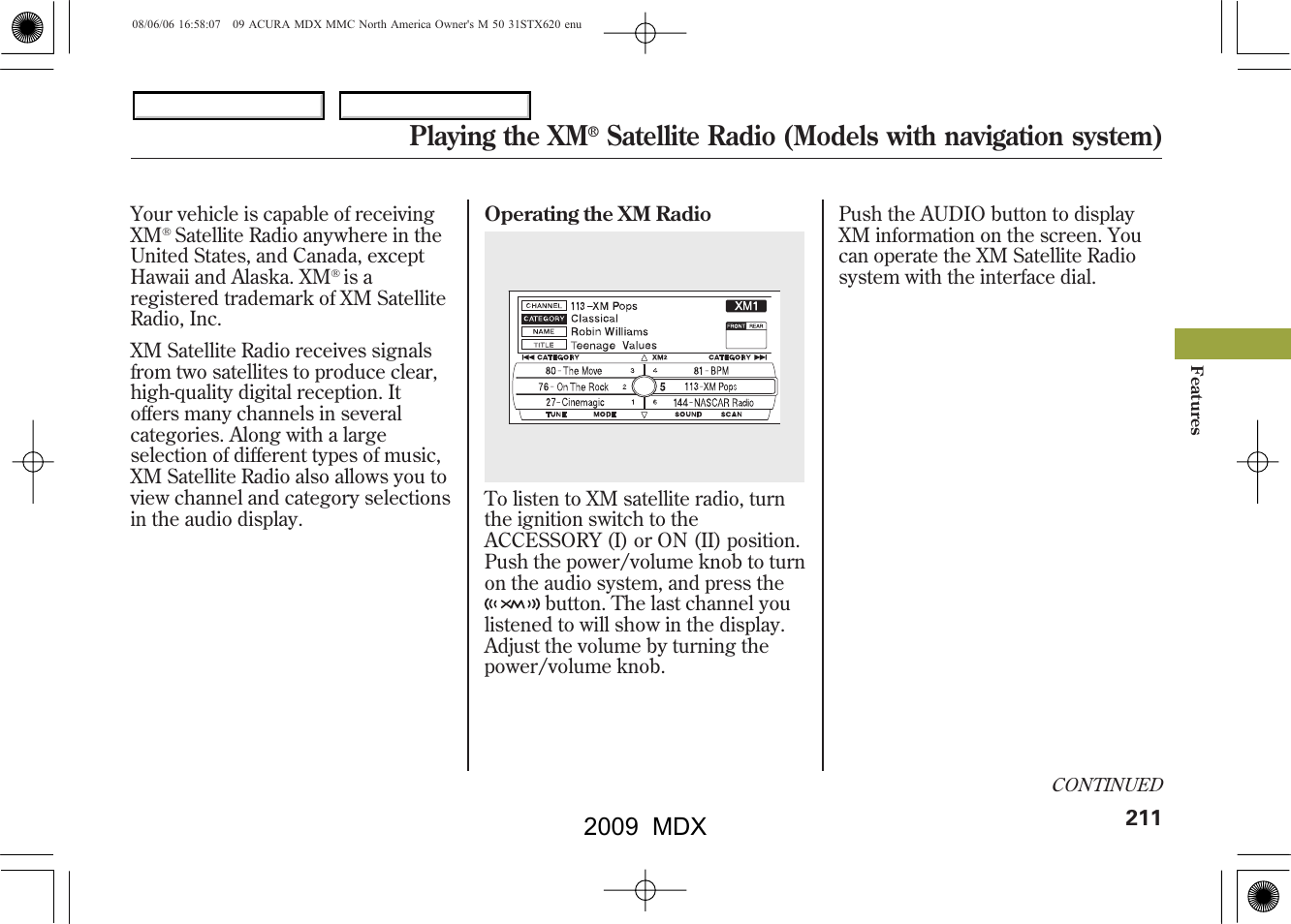 Playing the xm, Satellite radio (models with navigation system), 2009 mdx | Acura 2009 MDX User Manual | Page 215 / 489