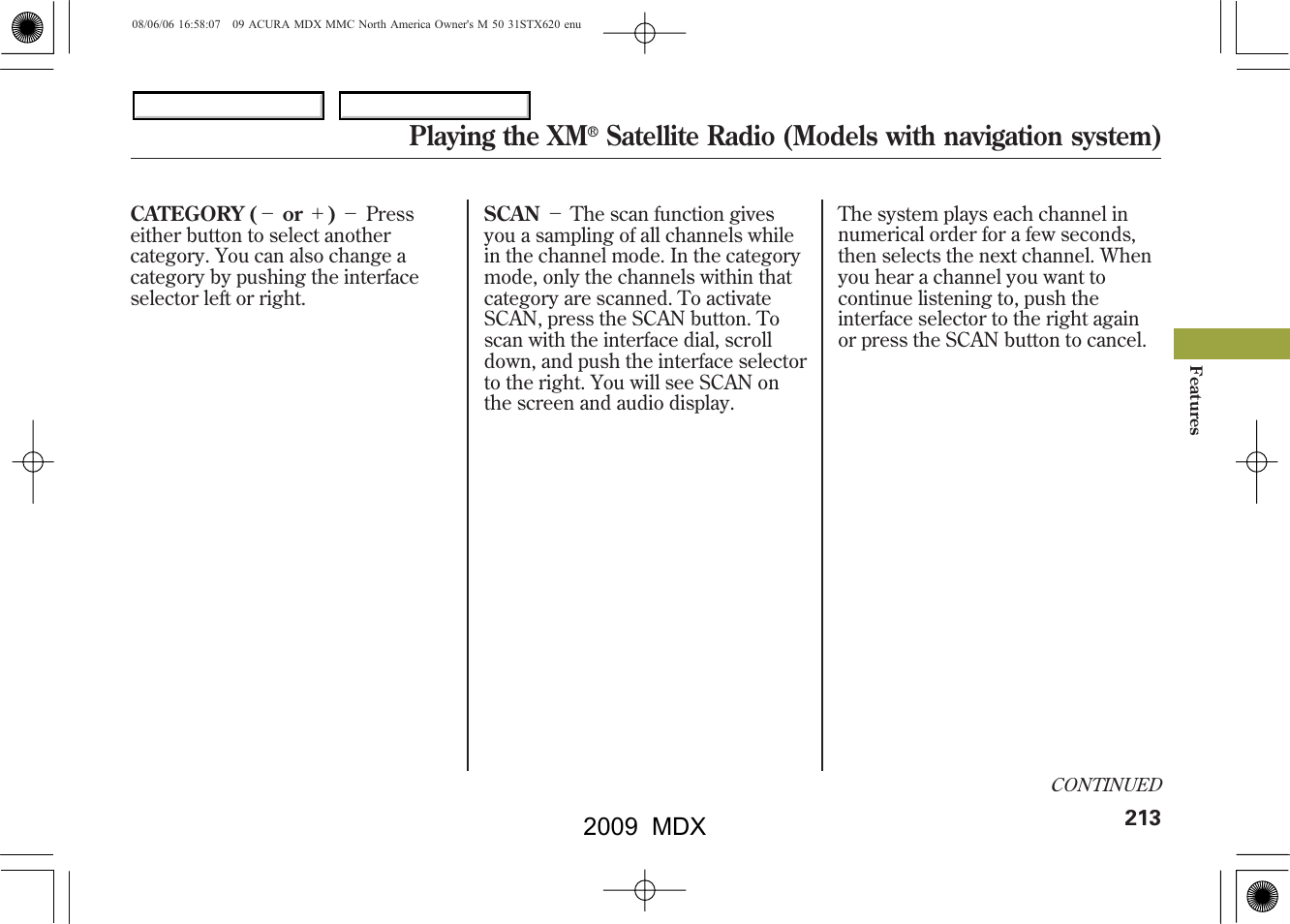 Playing the xm, Satellite radio (models with navigation system), 2009 mdx | Acura 2009 MDX User Manual | Page 217 / 489