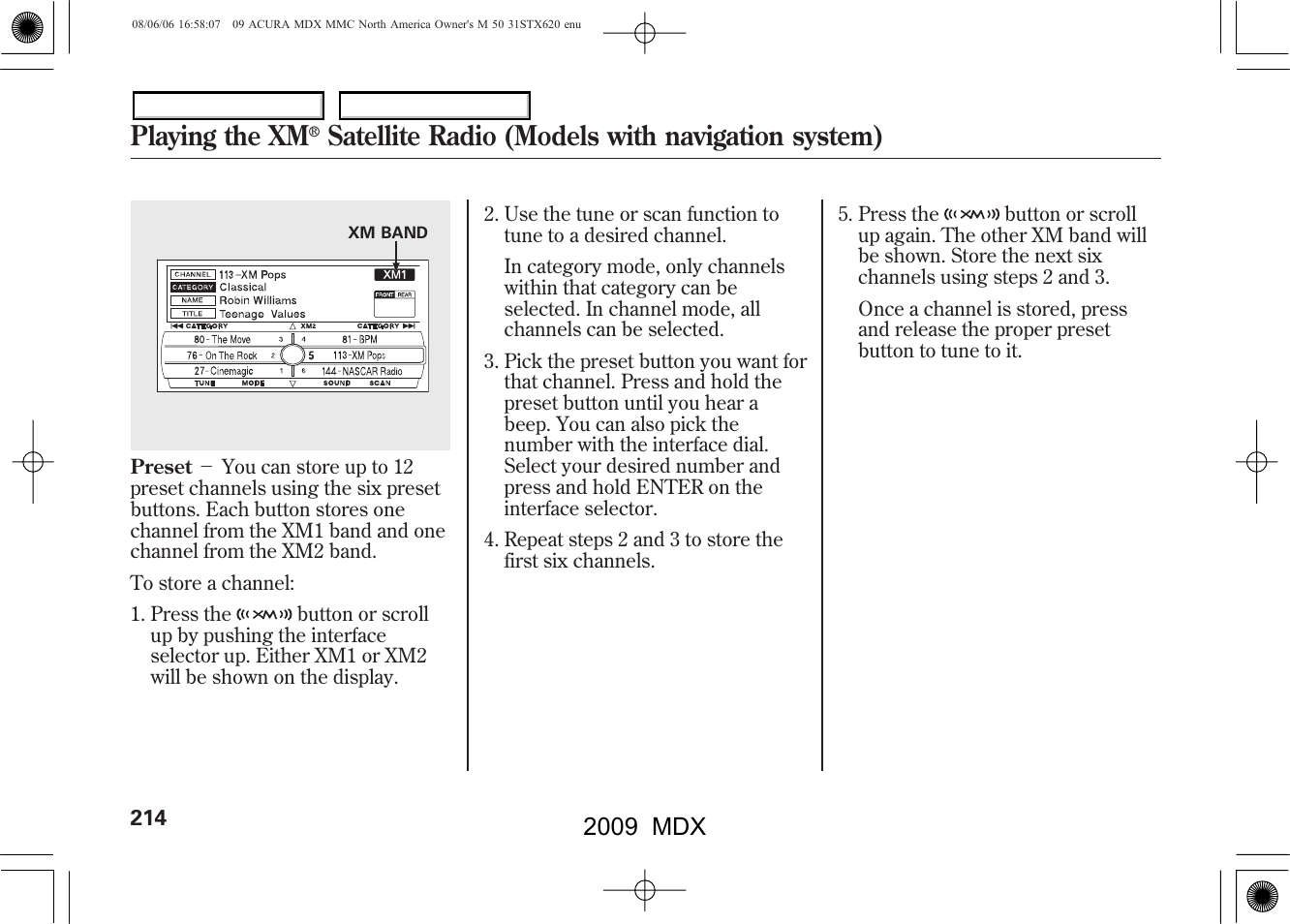 Playing the xm, Satellite radio (models with navigation system), 2009 mdx | Acura 2009 MDX User Manual | Page 218 / 489