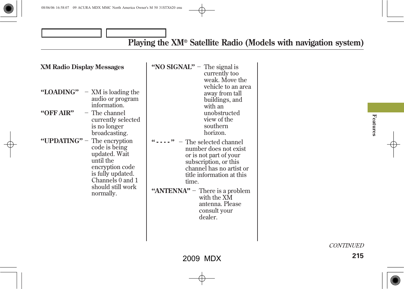 Playing the xm, Satellite radio (models with navigation system), 2009 mdx | Acura 2009 MDX User Manual | Page 219 / 489