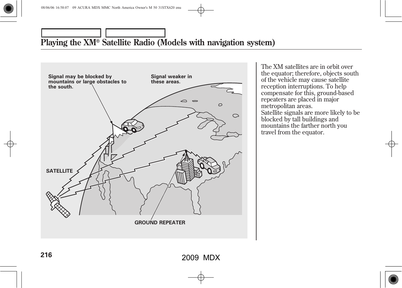Playing the xm, Satellite radio (models with navigation system), 2009 mdx | Acura 2009 MDX User Manual | Page 220 / 489