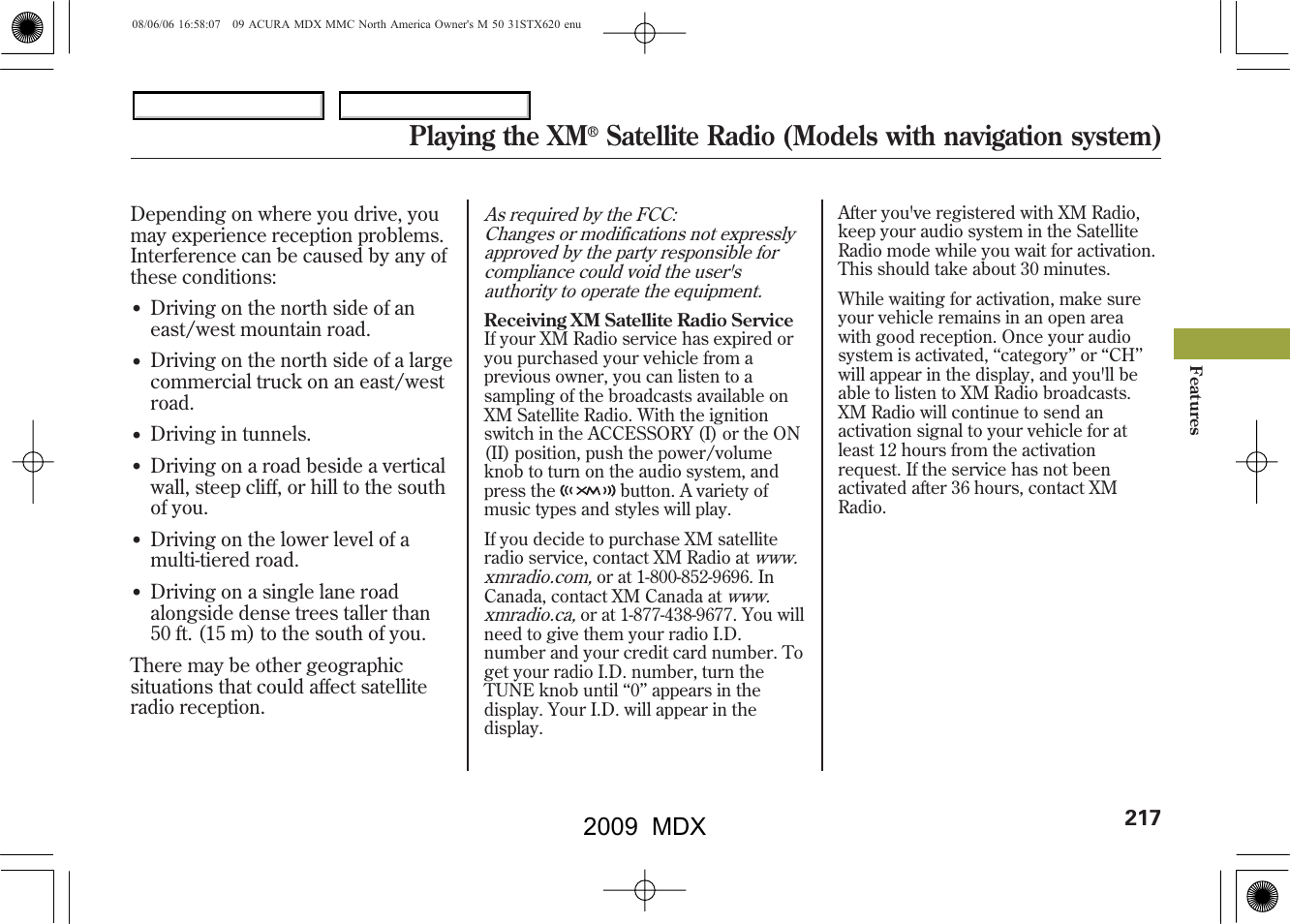 Playing the xm, Satellite radio (models with navigation system), 2009 mdx | Acura 2009 MDX User Manual | Page 221 / 489