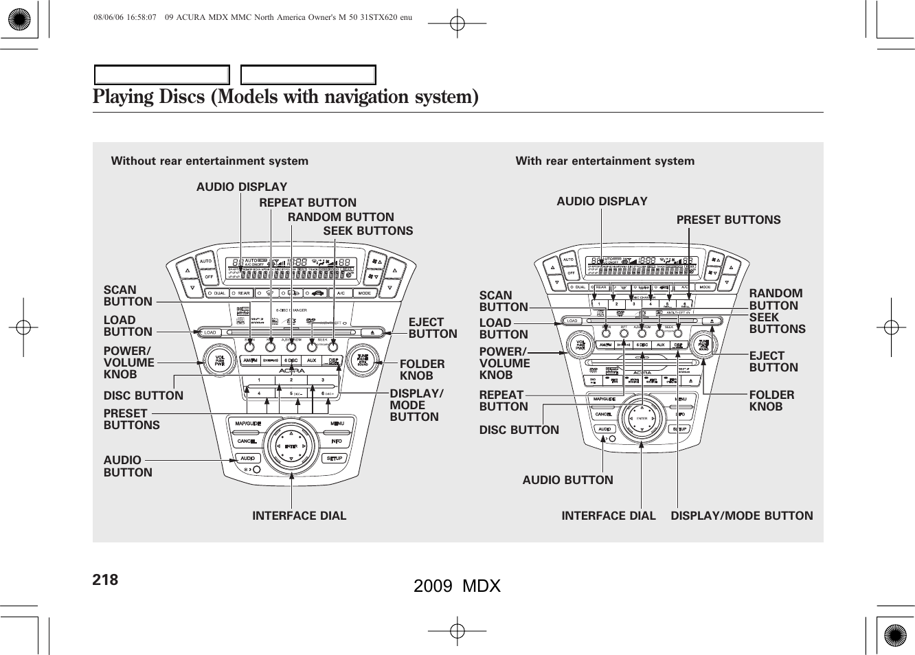 Playing discs (models with navigation system), 2009 mdx | Acura 2009 MDX User Manual | Page 222 / 489