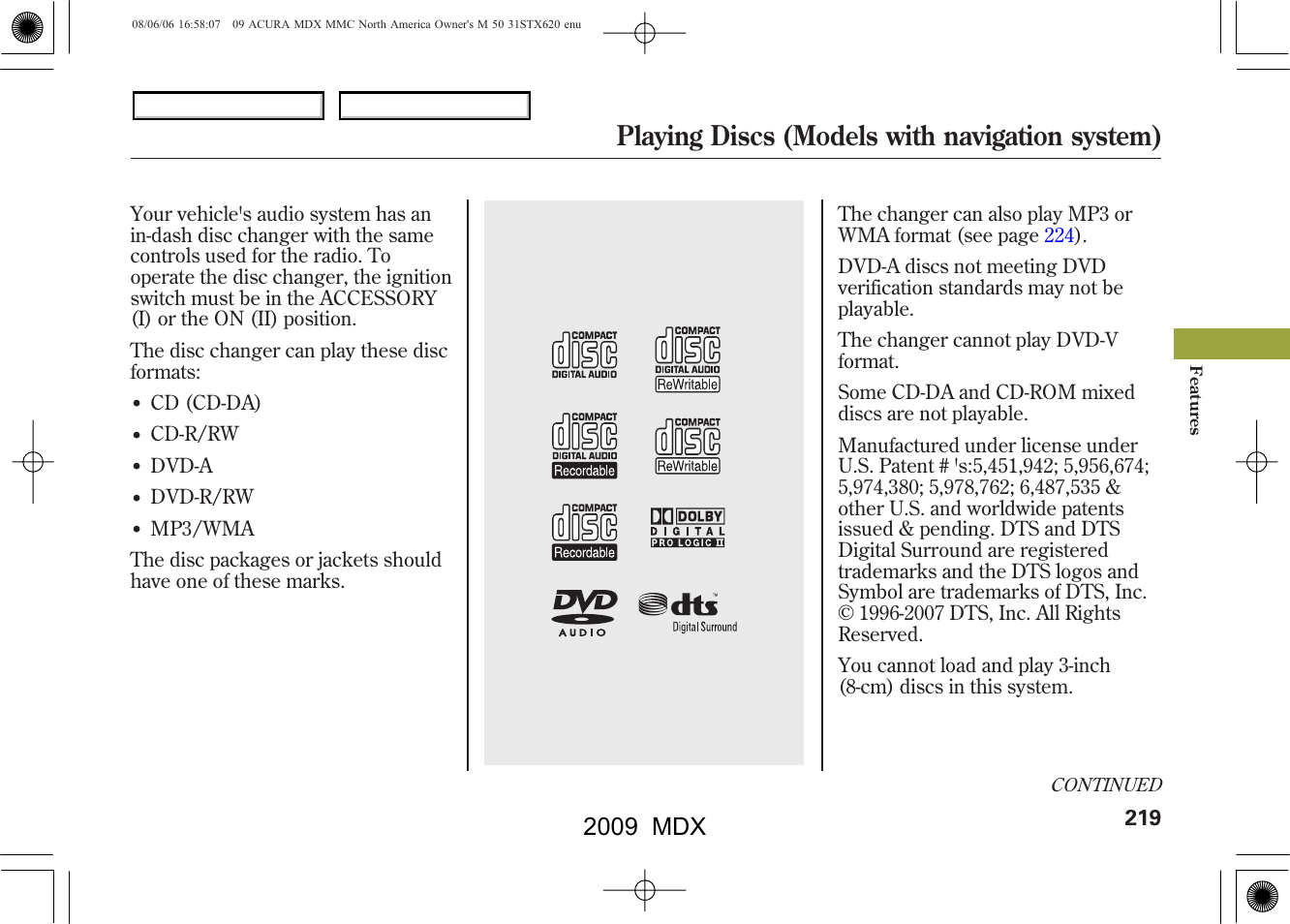 Playing discs (models with navigation system), 2009 mdx | Acura 2009 MDX User Manual | Page 223 / 489