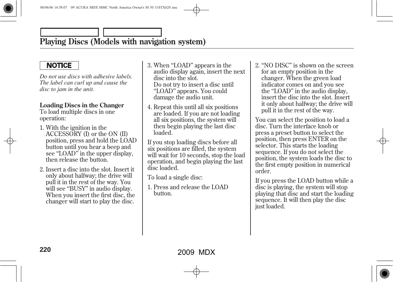 Playing discs (models with navigation system), 2009 mdx | Acura 2009 MDX User Manual | Page 224 / 489