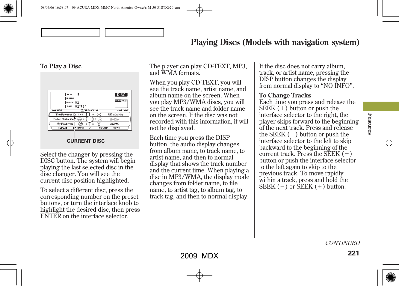 Playing discs (models with navigation system), 2009 mdx | Acura 2009 MDX User Manual | Page 225 / 489