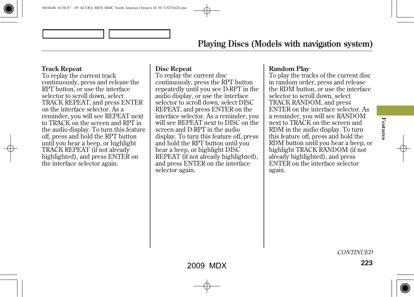 Playing discs (models with navigation system), 2009 mdx | Acura 2009 MDX User Manual | Page 227 / 489