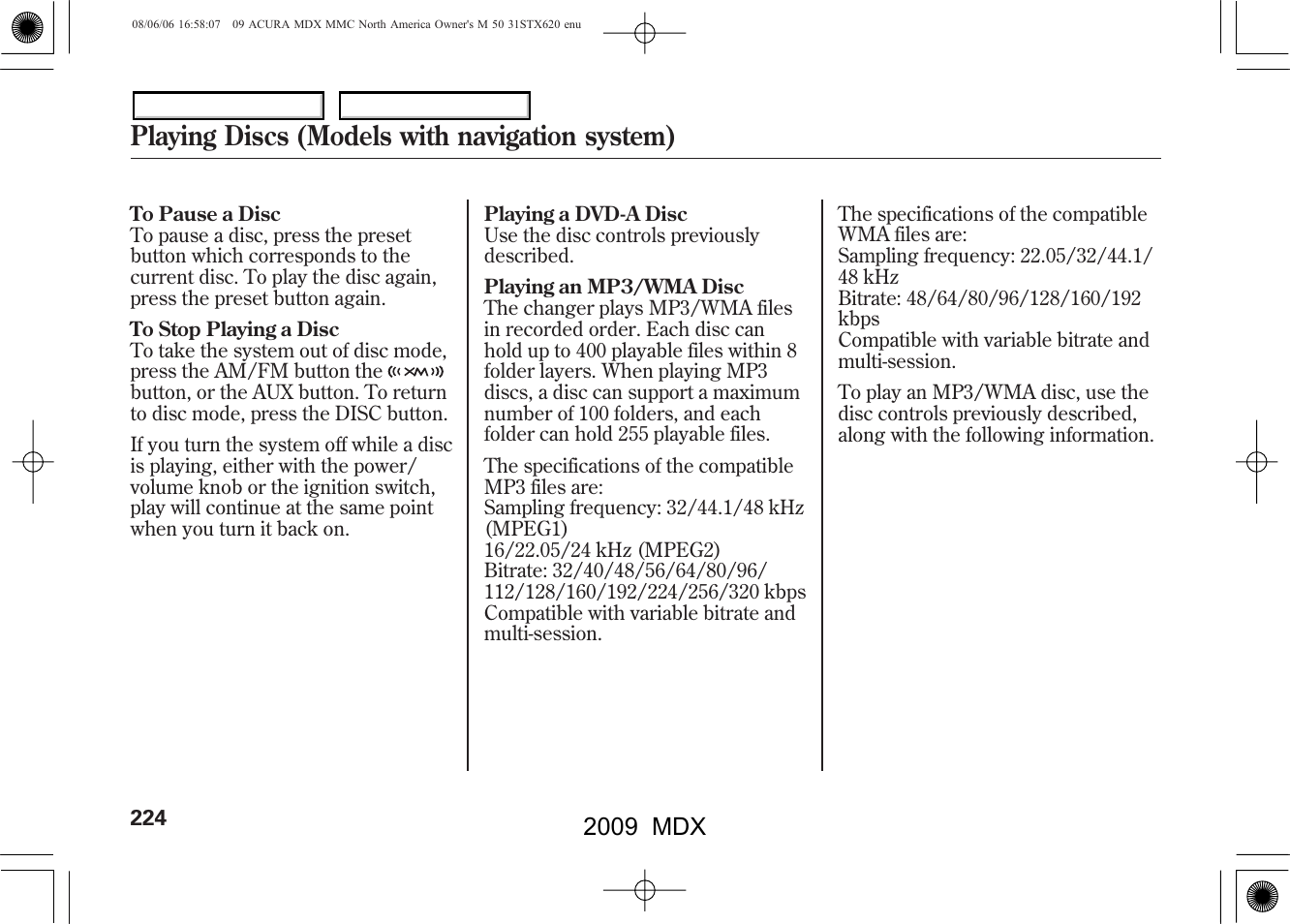 Playing discs (models with navigation system), 2009 mdx | Acura 2009 MDX User Manual | Page 228 / 489