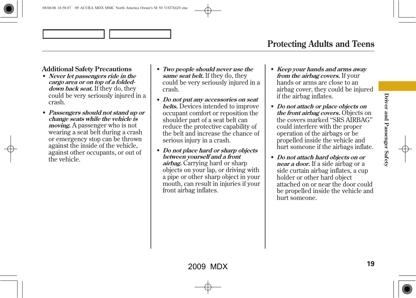 Protecting adults and teens, 2009 mdx | Acura 2009 MDX User Manual | Page 23 / 489