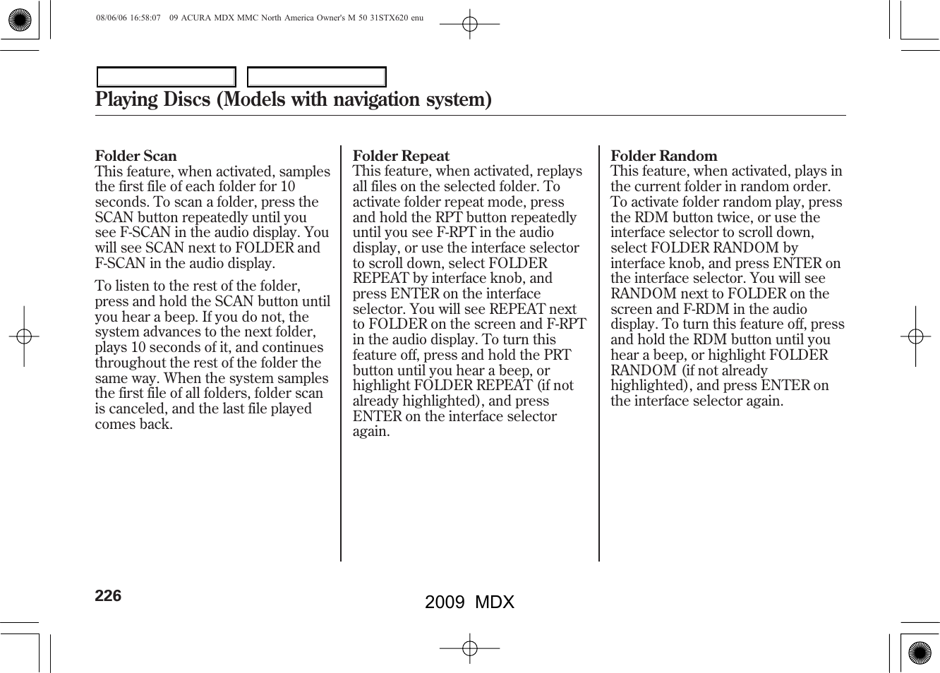 Playing discs (models with navigation system), 2009 mdx | Acura 2009 MDX User Manual | Page 230 / 489