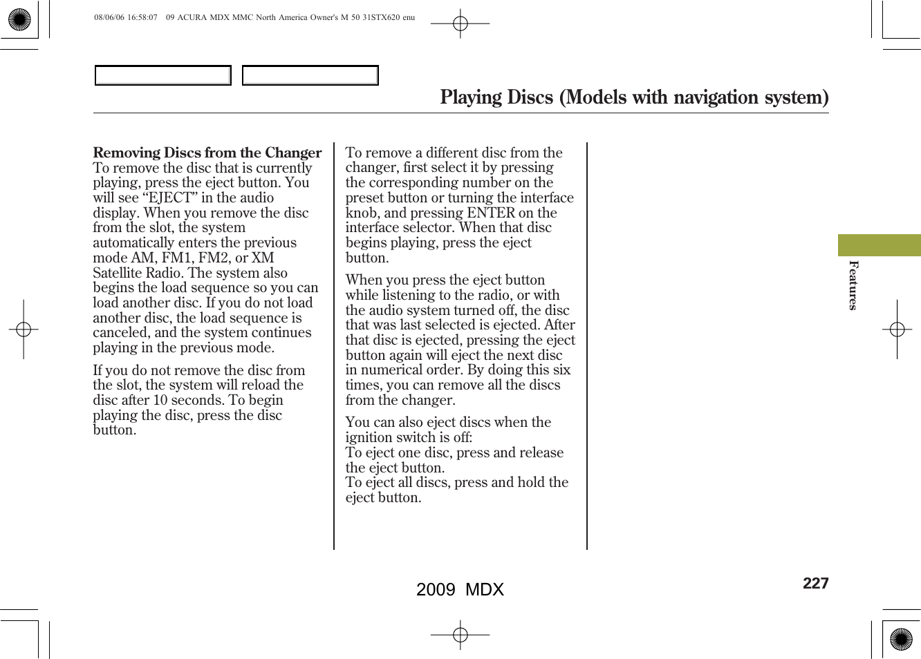 Playing discs (models with navigation system), 2009 mdx | Acura 2009 MDX User Manual | Page 231 / 489
