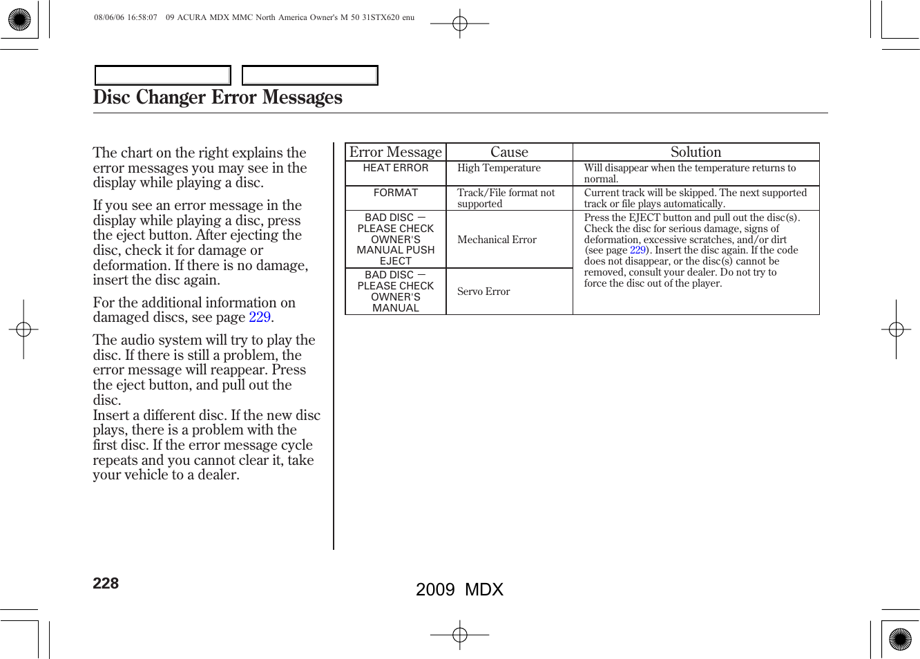 Disc changer error messages, 2009 mdx | Acura 2009 MDX User Manual | Page 232 / 489