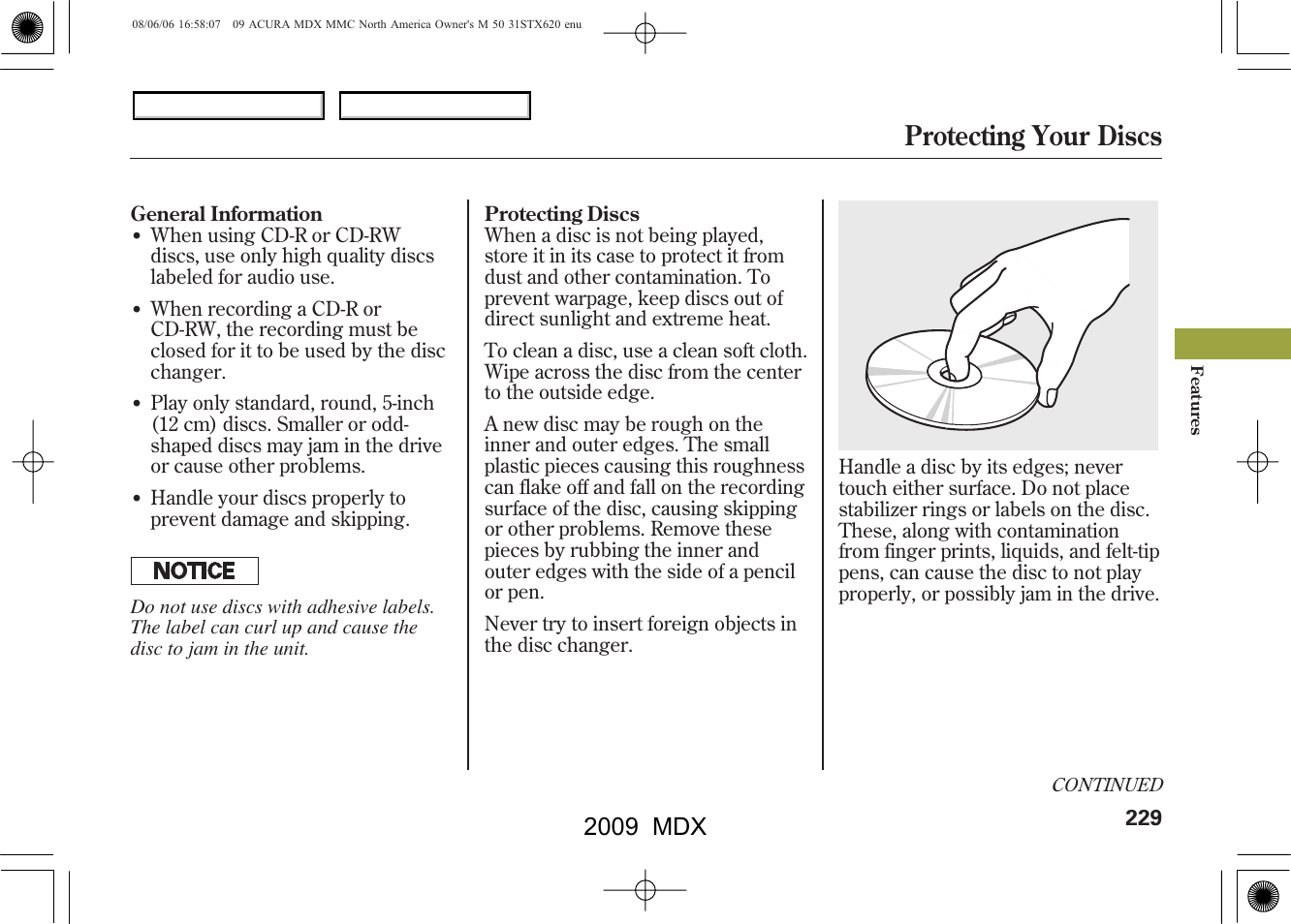 Protecting your discs, 2009 mdx | Acura 2009 MDX User Manual | Page 233 / 489