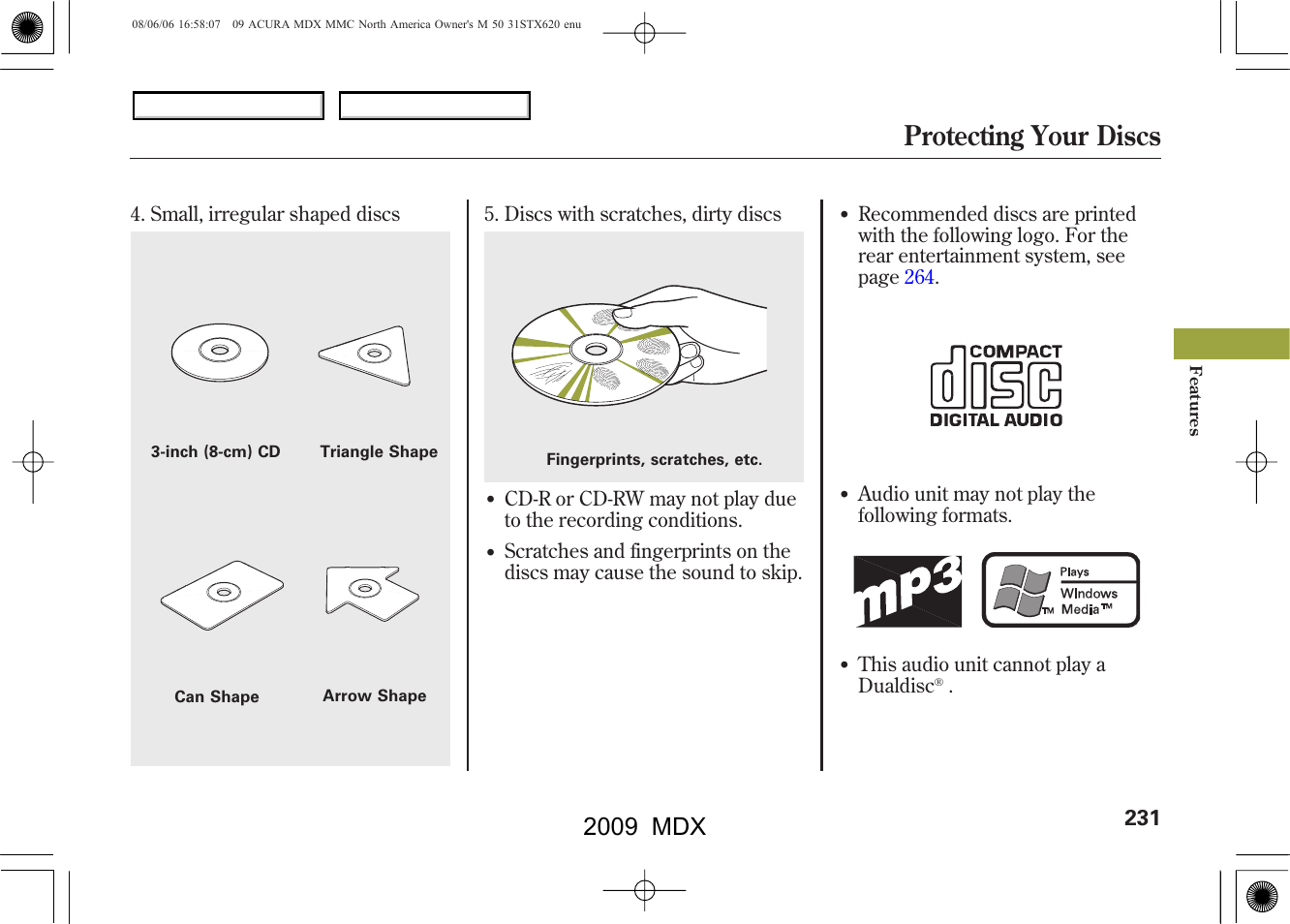 Protecting your discs, 2009 mdx | Acura 2009 MDX User Manual | Page 235 / 489