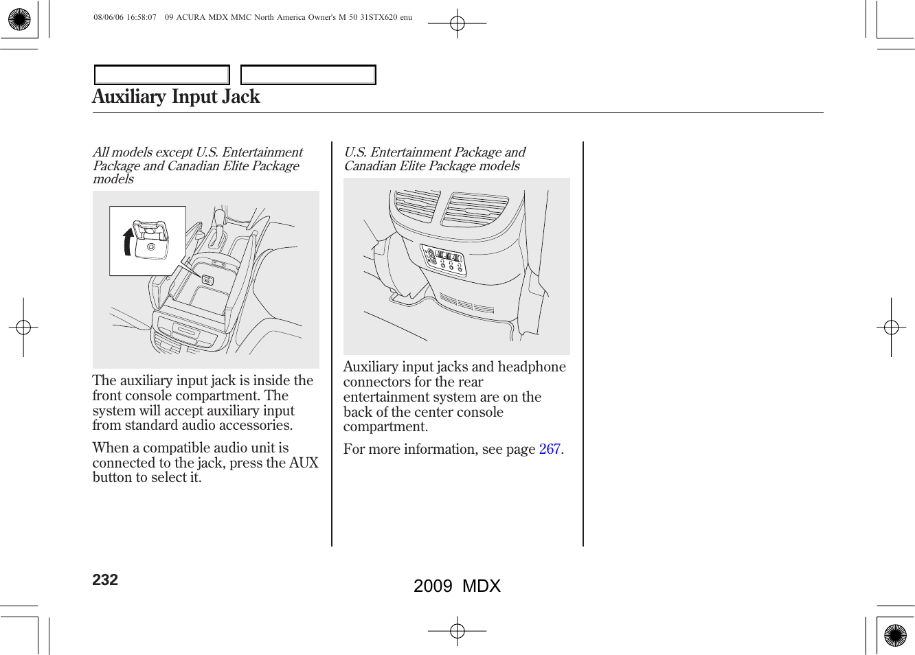 Auxiliary input jack, 2009 mdx | Acura 2009 MDX User Manual | Page 236 / 489