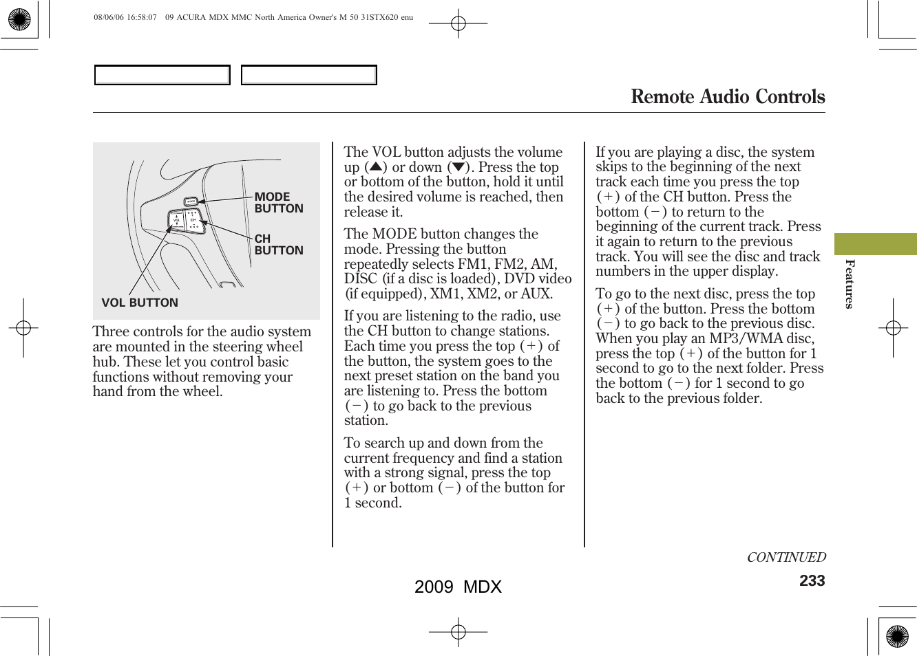 Remote audio controls, 2009 mdx | Acura 2009 MDX User Manual | Page 237 / 489