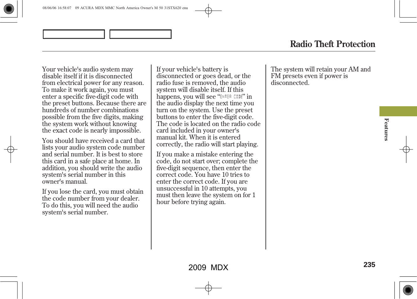 Radio theft protection, 2009 mdx | Acura 2009 MDX User Manual | Page 239 / 489