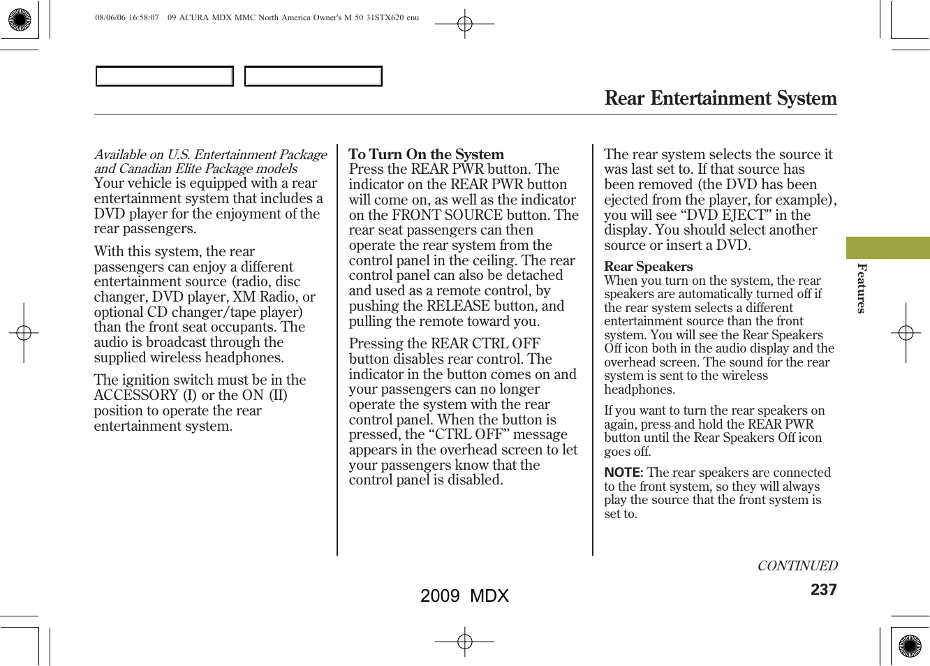 Rear entertainment system, 2009 mdx | Acura 2009 MDX User Manual | Page 241 / 489