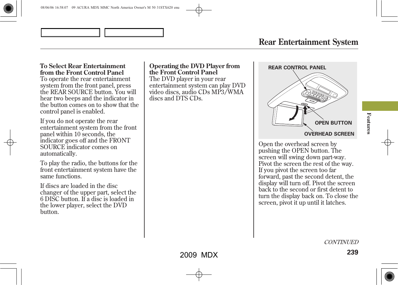 Rear entertainment system, 2009 mdx | Acura 2009 MDX User Manual | Page 243 / 489