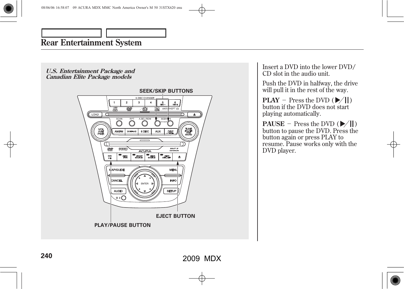 Rear entertainment system, 2009 mdx | Acura 2009 MDX User Manual | Page 244 / 489