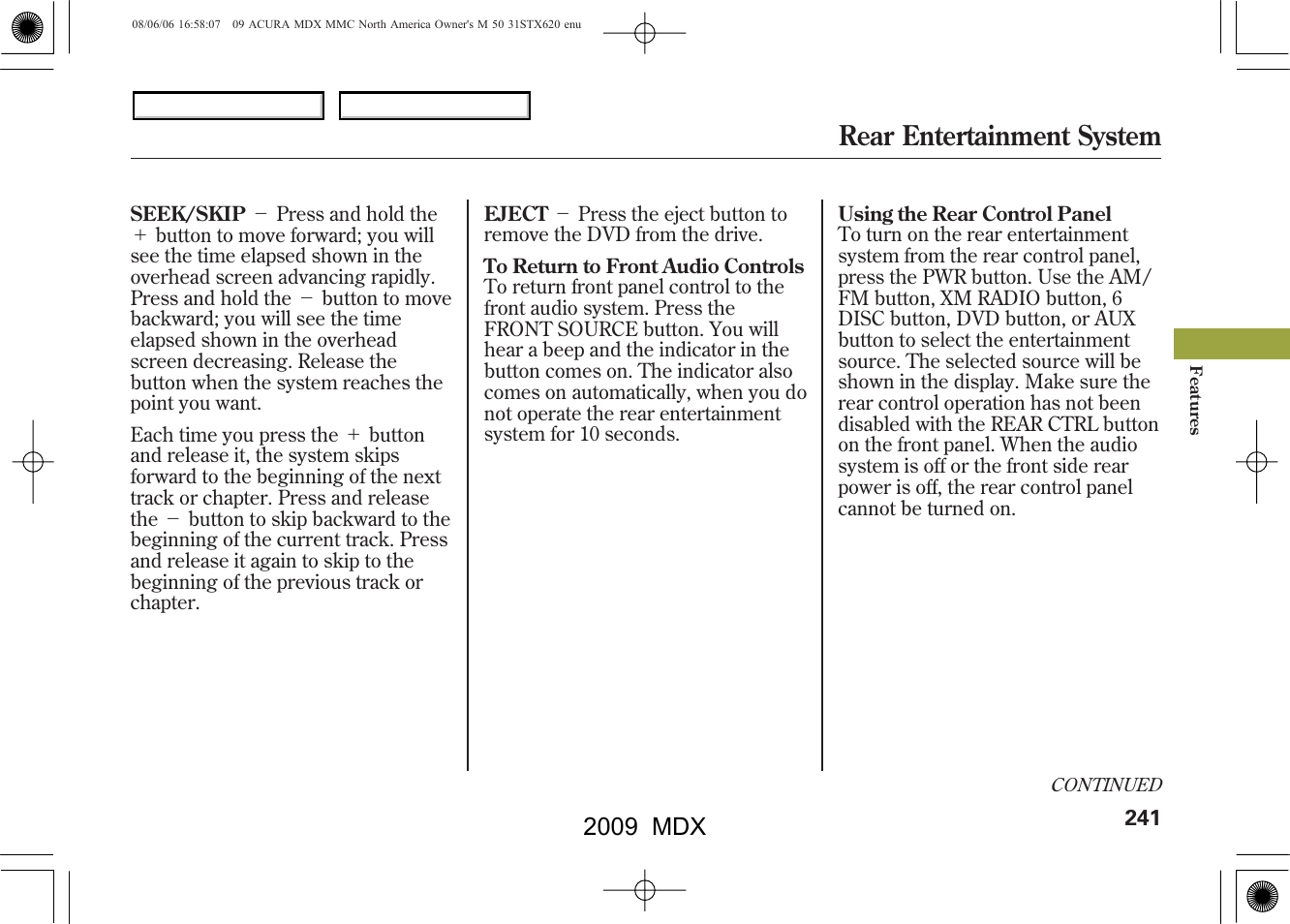 Rear entertainment system, 2009 mdx | Acura 2009 MDX User Manual | Page 245 / 489