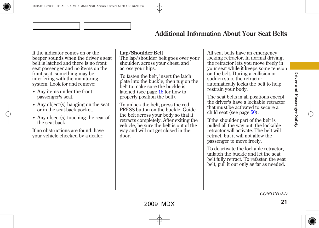 Additional information about your seat belts, 2009 mdx | Acura 2009 MDX User Manual | Page 25 / 489