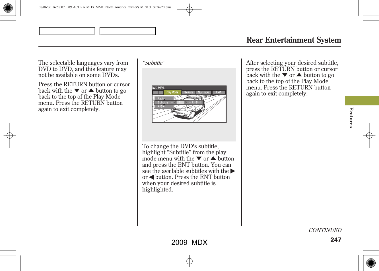 Rear entertainment system, 2009 mdx | Acura 2009 MDX User Manual | Page 251 / 489