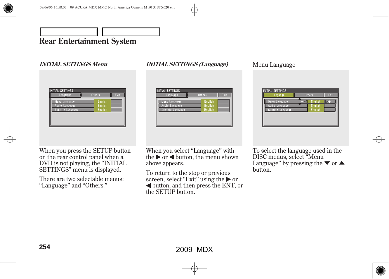 Rear entertainment system, 2009 mdx | Acura 2009 MDX User Manual | Page 258 / 489