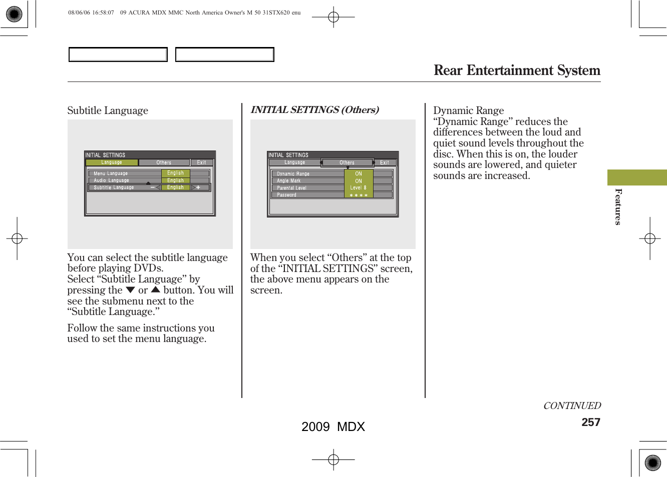 Rear entertainment system, 2009 mdx | Acura 2009 MDX User Manual | Page 261 / 489