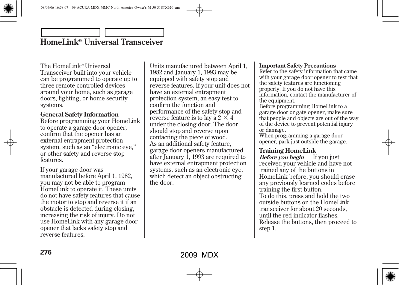 Homelink, Universal transceiver, 2009 mdx | Acura 2009 MDX User Manual | Page 280 / 489