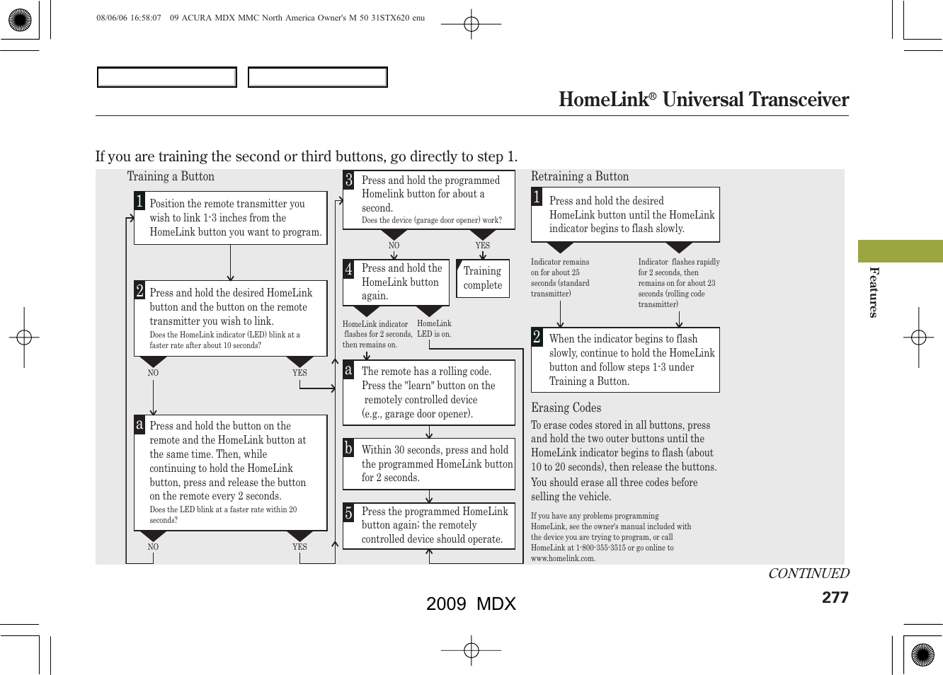 Homelink, Universal transceiver, 2009 mdx | Acura 2009 MDX User Manual | Page 281 / 489