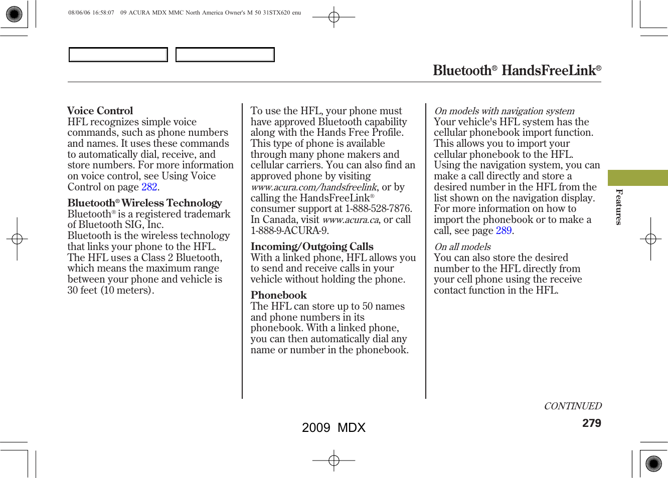 Bluetooth, Handsfreelink, 2009 mdx | Acura 2009 MDX User Manual | Page 283 / 489