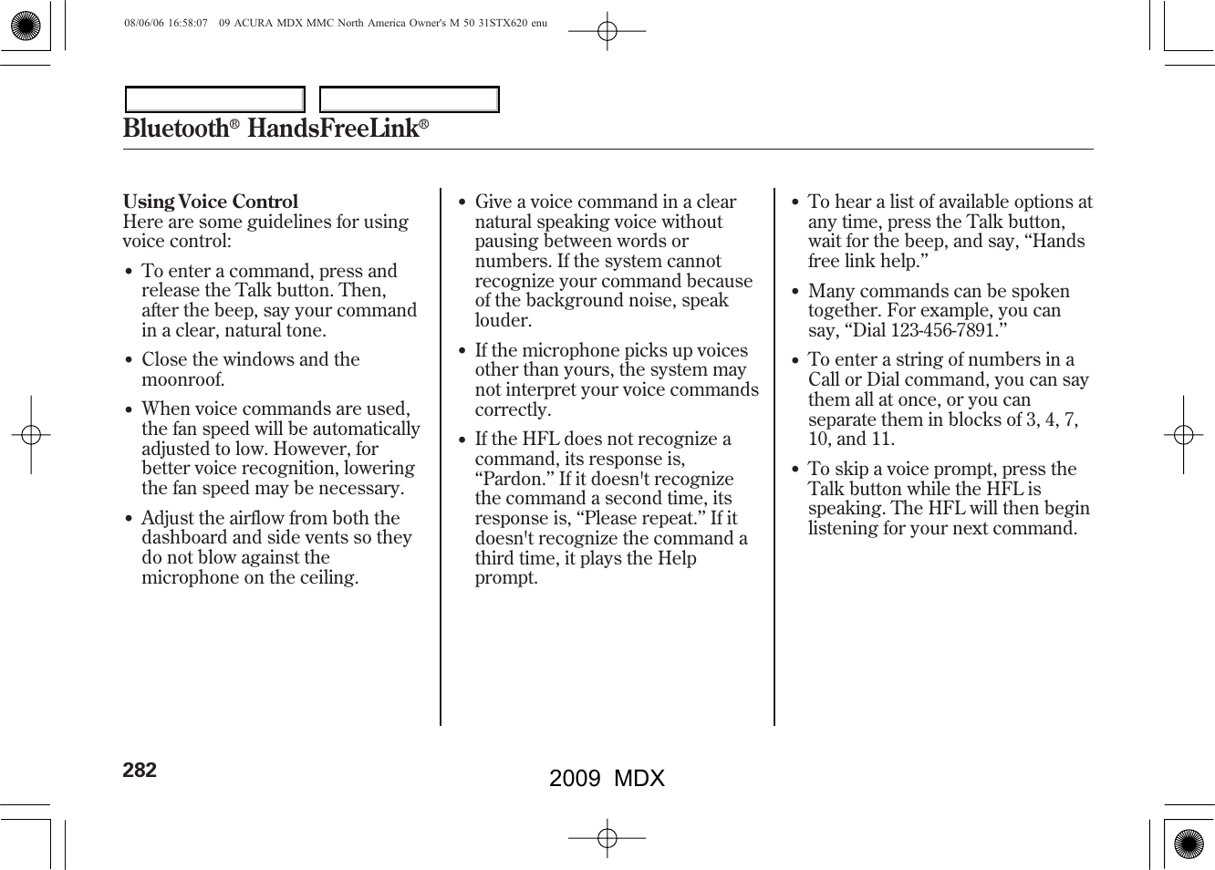 Bluetooth, Handsfreelink, 2009 mdx | Acura 2009 MDX User Manual | Page 286 / 489