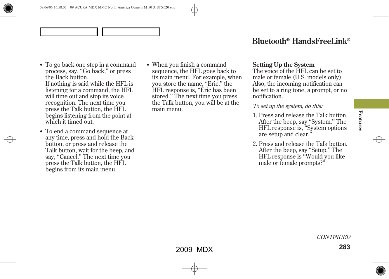 Bluetooth, Handsfreelink, 2009 mdx | Acura 2009 MDX User Manual | Page 287 / 489