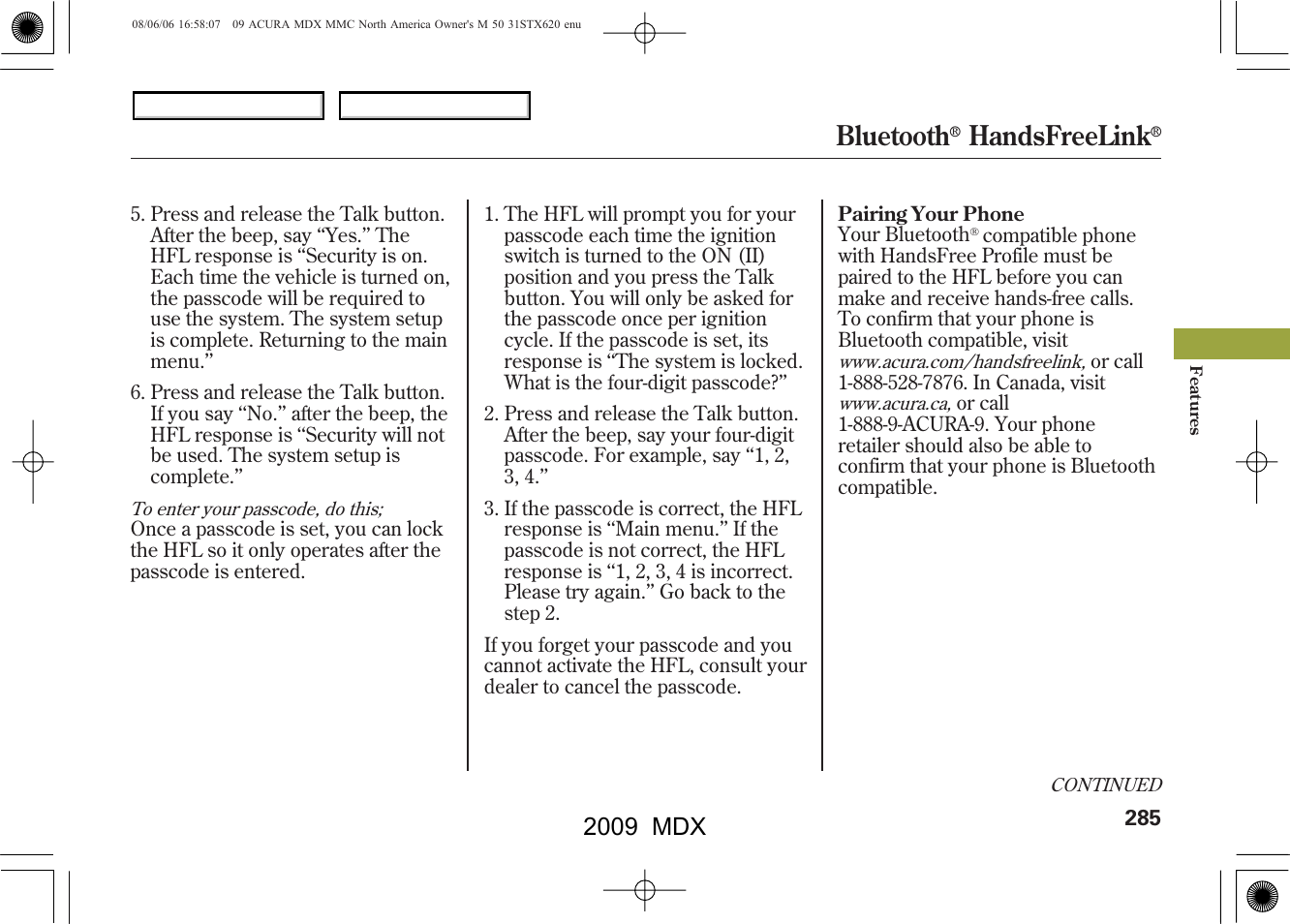 Bluetooth, Handsfreelink, 2009 mdx | Acura 2009 MDX User Manual | Page 289 / 489