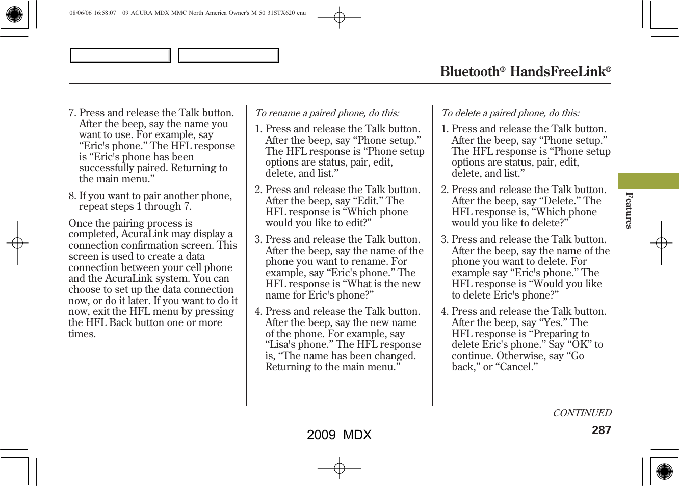 Bluetooth, Handsfreelink, 2009 mdx | Acura 2009 MDX User Manual | Page 291 / 489