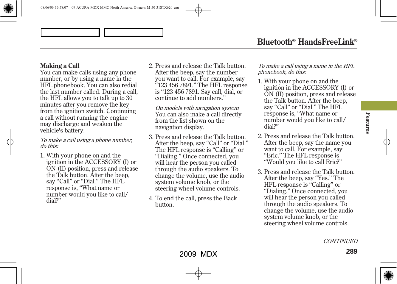 Bluetooth, Handsfreelink, 2009 mdx | Acura 2009 MDX User Manual | Page 293 / 489