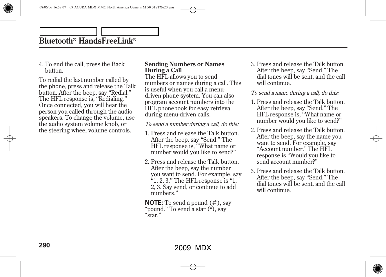 Bluetooth, Handsfreelink, 2009 mdx | Acura 2009 MDX User Manual | Page 294 / 489