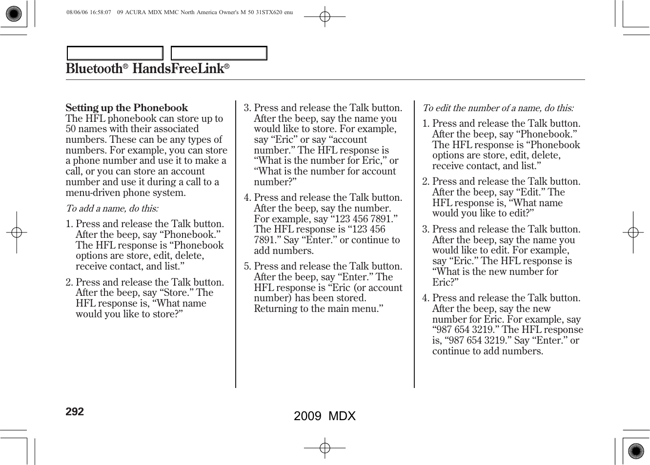 Bluetooth, Handsfreelink, 2009 mdx | Acura 2009 MDX User Manual | Page 296 / 489