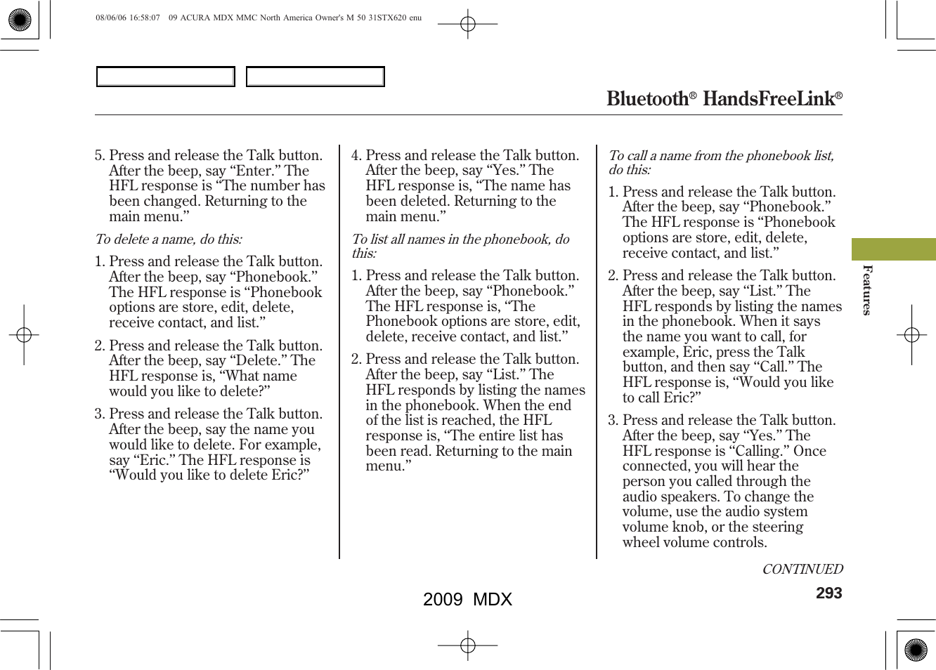 Bluetooth, Handsfreelink, 2009 mdx | Acura 2009 MDX User Manual | Page 297 / 489