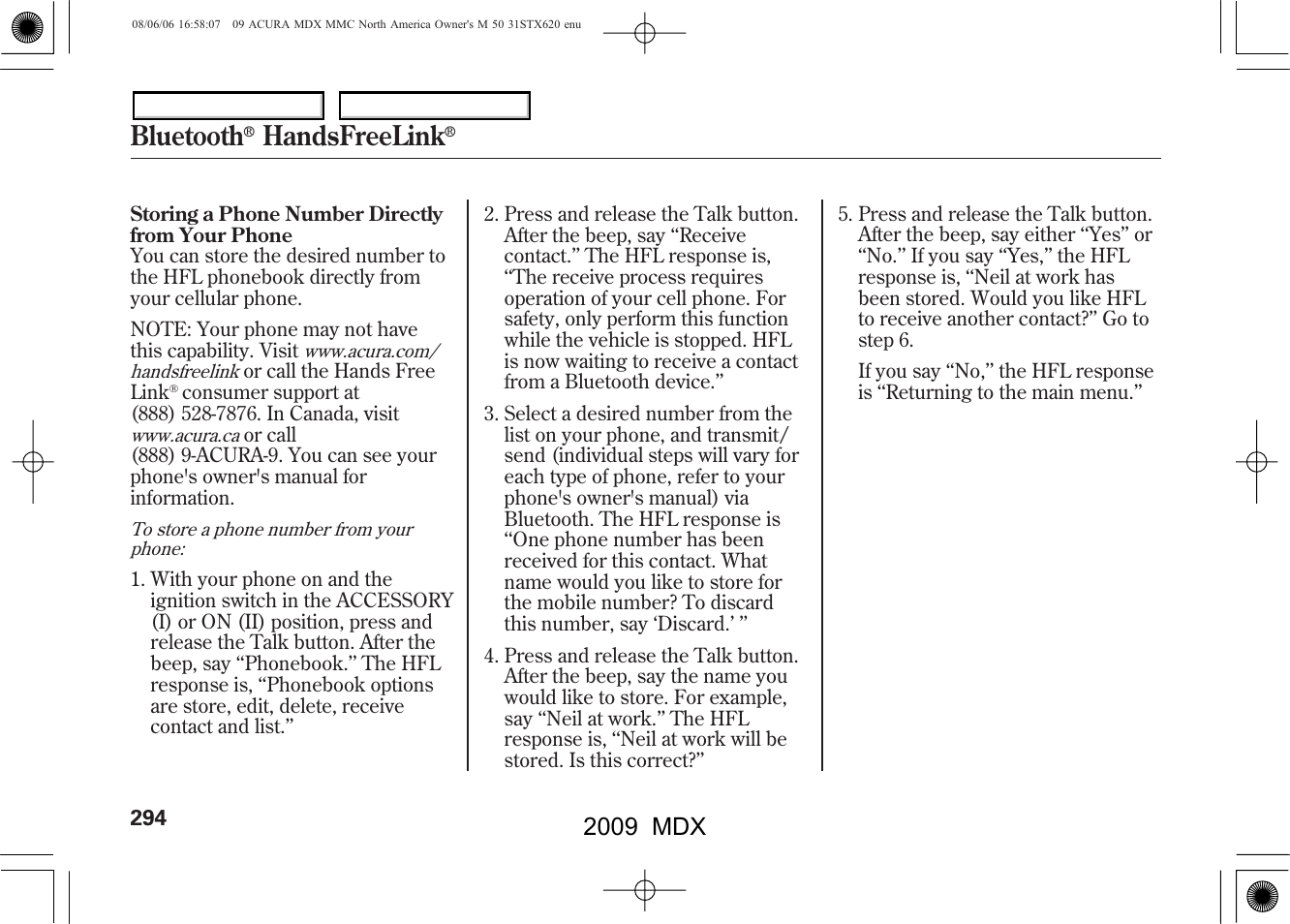 Bluetooth, Handsfreelink, 2009 mdx | Acura 2009 MDX User Manual | Page 298 / 489