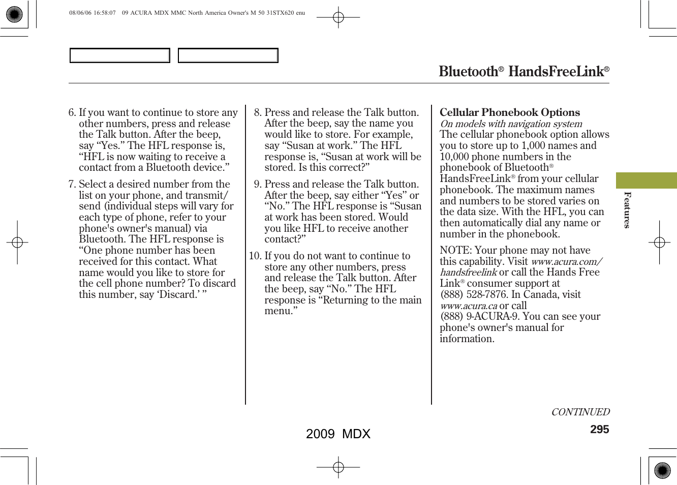 Bluetooth, Handsfreelink, 2009 mdx | Acura 2009 MDX User Manual | Page 299 / 489