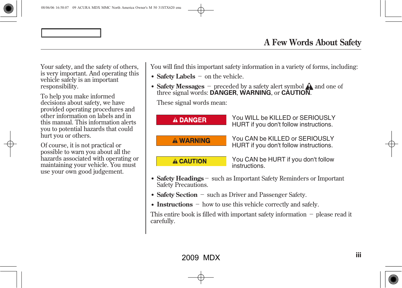 A few words about safety, 2009 mdx | Acura 2009 MDX User Manual | Page 3 / 489